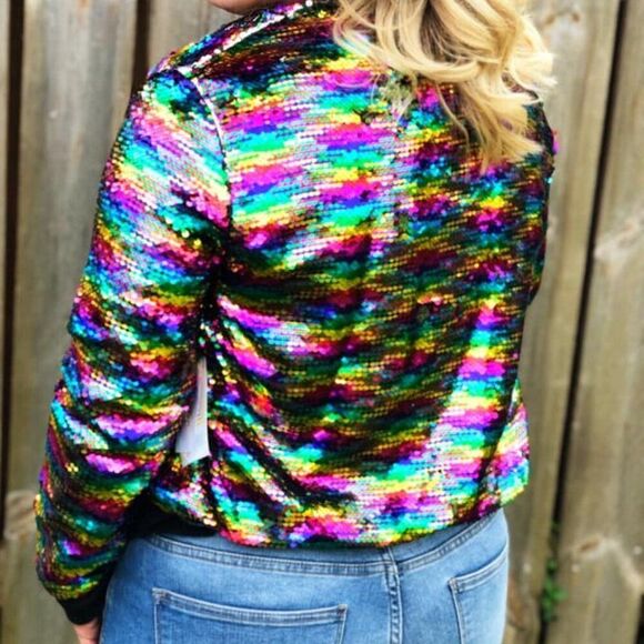 LuLaRoe Elegant Mermaid Bright Rainbow Sequins Stevie Bomber Jacket - Picture 6 of 6